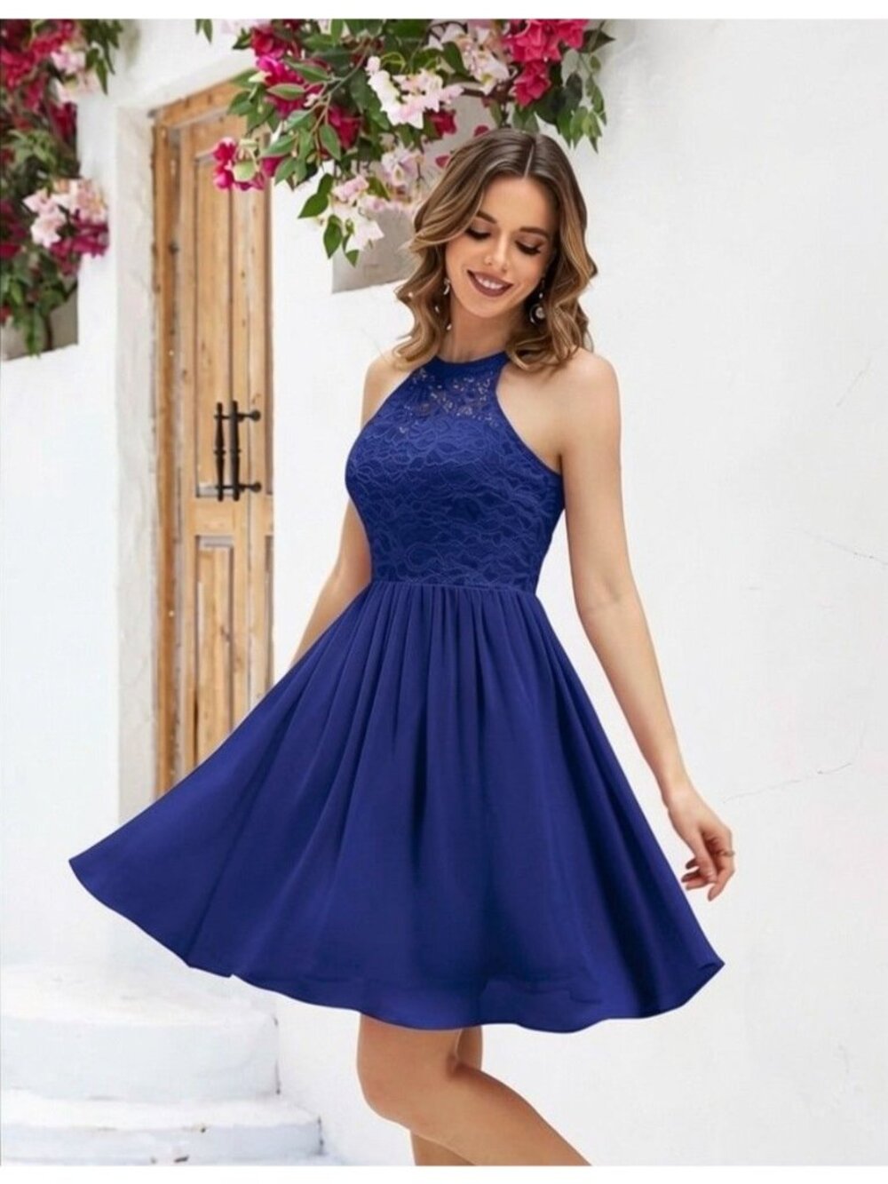 Wedlands Blue Halter Lace Bodice Swing Dress Sz M Wedding Bridesmaid Homecoming - Picture 9 of 9